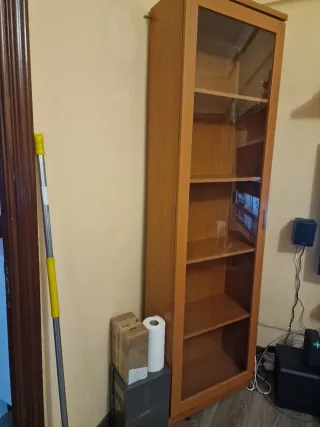 Mueble de salón de madera con puerta de cristal