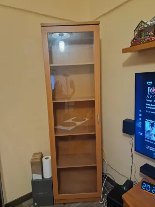 Mueble de salón de madera con puerta de cristal