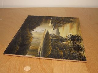 Cuadro antigua pintura atardecer paisaje tablilla