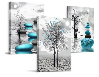 Cuadro Lienzo 3 Piezas 70x40cm Árbol Piedras Azule