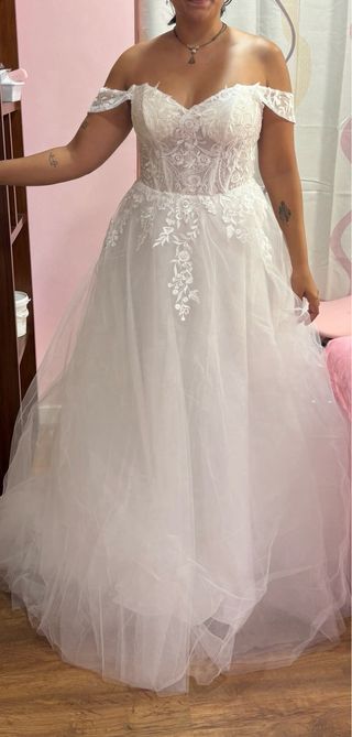 Vestido de Novia Blanco Encaje Hombros Descubierto
