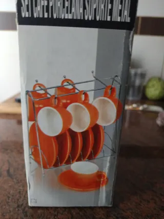 Juego Tazas Café Porcelana Soporte Metal