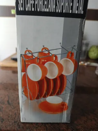 Juego Tazas Café Porcelana Soporte Metal