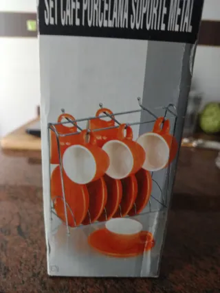 Juego Tazas Café Porcelana Soporte Metal
