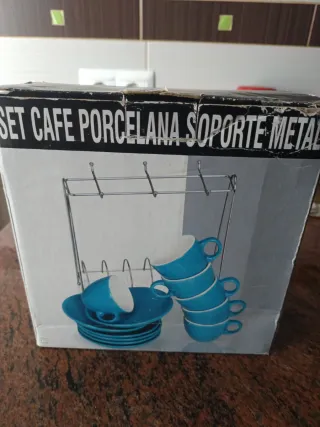 Juego Tazas Café Porcelana Soporte Metal