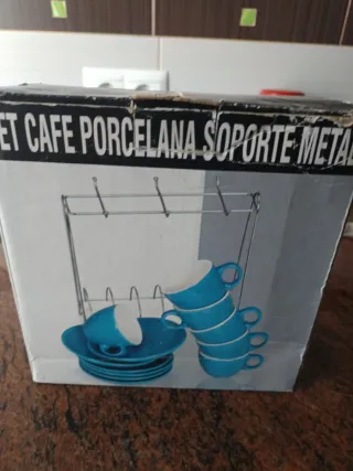 Juego Tazas Café Porcelana Soporte Metal