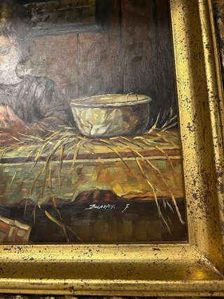 Pintura niño con cachorros y cuenco