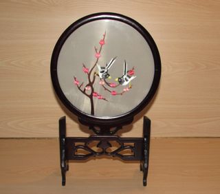 Cuadro vintage oriental china seda pájaros años 80