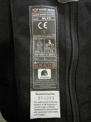 Chaleco Airbag Moto Hit-Air MLV2 Talla L