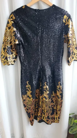Vestido fiesta lentejuelas negro y dorado