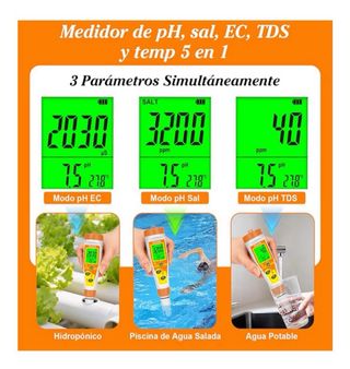 Medidor Digital UIUZMR pH/Sal/TDS/EC/Temp