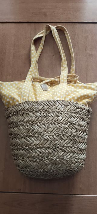 Bolso de playa amarillo y beige