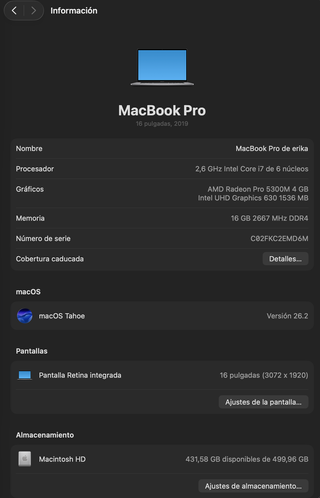 MacBook Pro 16 (2019) 206 Ciclos Batería