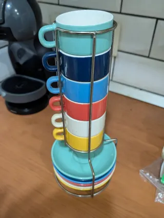 Set 6 Tazas y Platos Cerámica multicolor