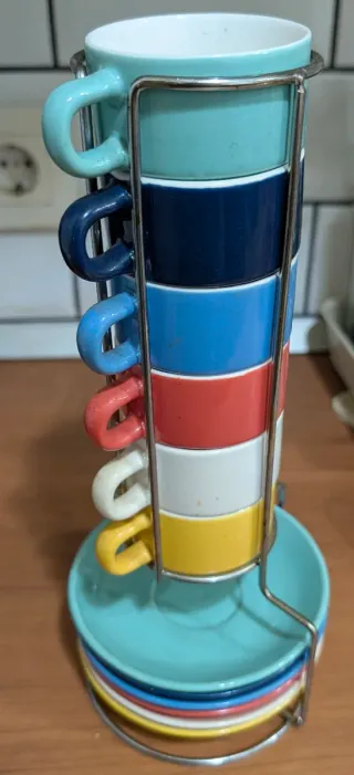 Set 6 Tazas y Platos Cerámica multicolor