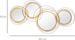 Decorazione murale 3D in metallo, arte a parete in cerchi con specchi 107X56Cm, oro