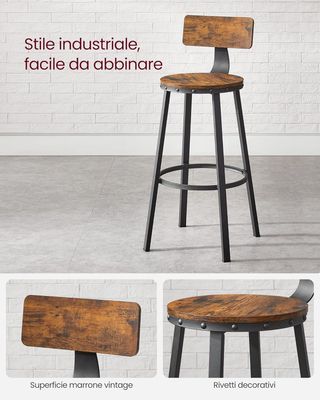 Taburetes de Bar, Set di 2 Sedie Alte con Schienale, Sedie da Cucina, Struttura in Acciaio, Altezza Seduta 73,2 cm, Facili da Montare, Stile Industriale, Marrone Rustico e Nero LBC026B01V1