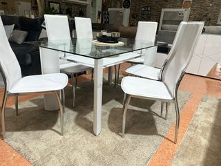 Mesa Cristal y 6 Sillas Piel Sintética