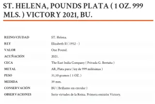 Onza Plata Santa Elena 1£ 2021