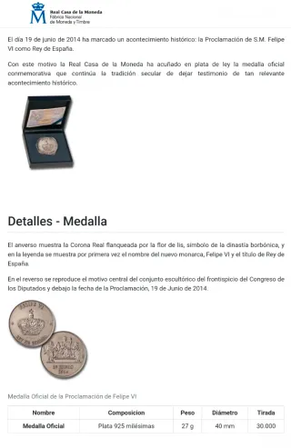 Medalla Plata Proclamación Felipe VI