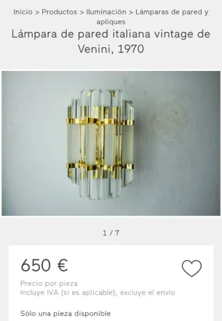 Lámpara de pared Venini años 70