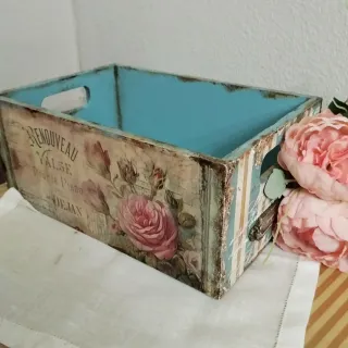 Caja almacenaje madera rosas vintage