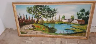 Cuadro paisaje rural con casas y lago. 160cm×80cm