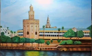 Cuadro Sevilla Torre del Oro Río. En óleo.