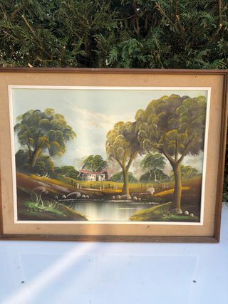Quadro paesaggio vintage casa campagna lago cornic