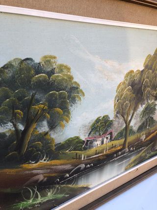 Quadro paesaggio vintage casa campagna lago cornic