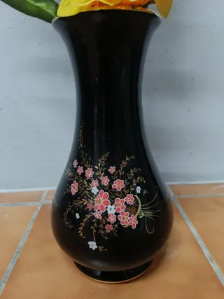 Jarrón Cerámica Negro Flores Multicolor