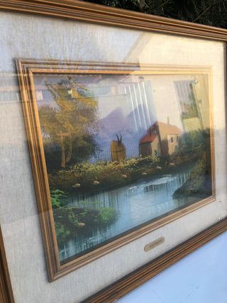 Quadro vintage paesaggio con casa sul lago