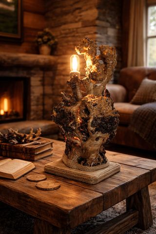 Lámpara artesanal de madera de olivo y raíz