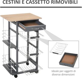 Carrello da Cucina con 3 Cestini Estraibili, un Cassetto e 2 Portabottiglie, Carrello Organizzatore in Legno di Pino e Metallo, 47x37x83 cm, Colore Rovere e Grigio