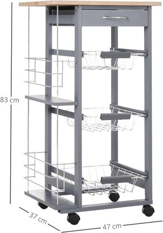 Carrello da Cucina con 3 Cestini Estraibili, un Cassetto e 2 Portabottiglie, Carrello Organizzatore in Legno di Pino e Metallo, 47x37x83 cm, Colore Rovere e Grigio