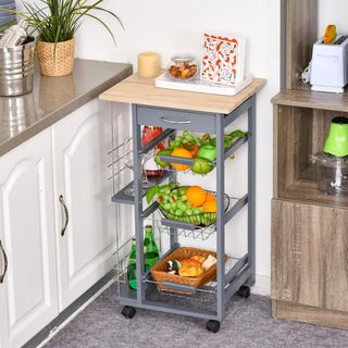 Carrello da Cucina con 3 Cestini Estraibili, un Cassetto e 2 Portabottiglie, Carrello Organizzatore in Legno di Pino e Metallo, 47x37x83 cm, Colore Rovere e Grigio