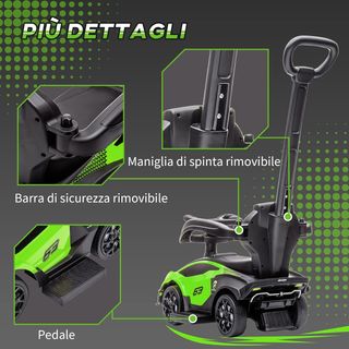 Passeggino Lamborghini per Bambini 2 in 1 con Maniglia e Barriera di Sicurezza, Volante e Klaxon, Auto per Bambini in PP e Metallo, 86.5X40X89.5 Cm, Verde e Nero
