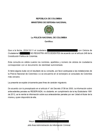 Servicio de antecedentes policía nacional a Colomb