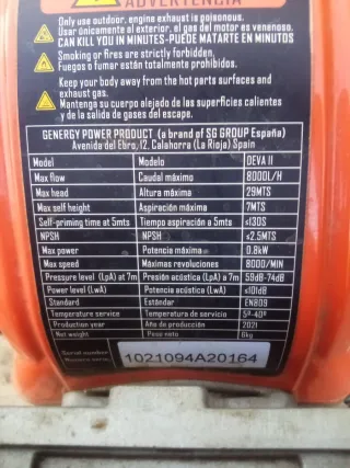 Bomba de agua 31cc Genergy SGHOHV 4 T.+2 mangueras