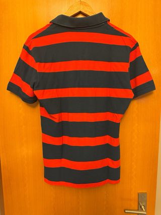 Polo Lacoste Listrado Azul e Vermelho