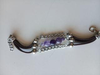 Pulsera artesanal acero, piel y amatista