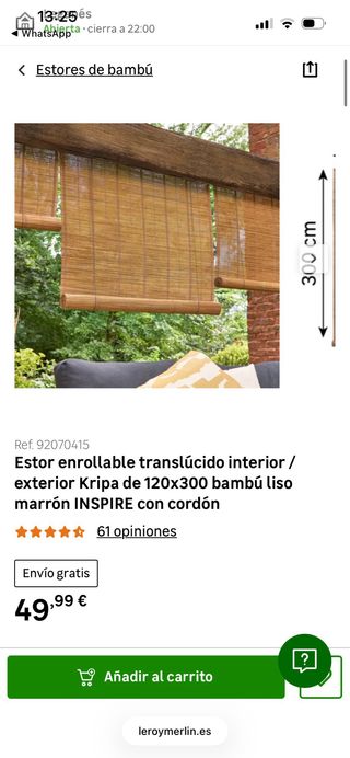 Estor enrollable bambú 120x300 INSPIRE