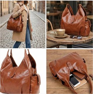 Bolso de cuero genuino marrón y un regalo