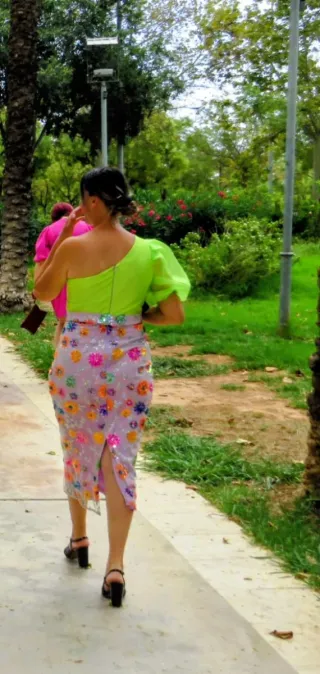 Vestido fiesta verde y rosa