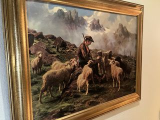 Cuadro al óleo de pastor y ovejas