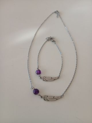 Conjunto Collar y Pulsera Acero Amatista