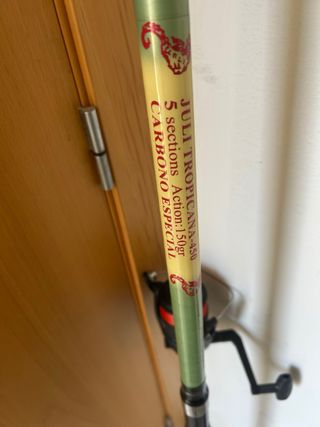 Caña de pescar con carrete y piqueta