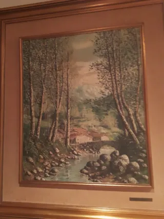 Cuadro paisaje río y casas