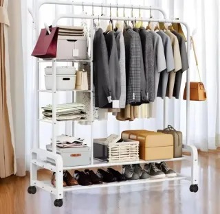 Perchero burro doble con ruedas+estanterías blanco