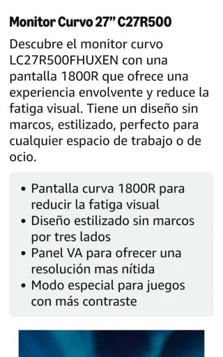 Monitor curvo Samsung 27". -C27R500.
